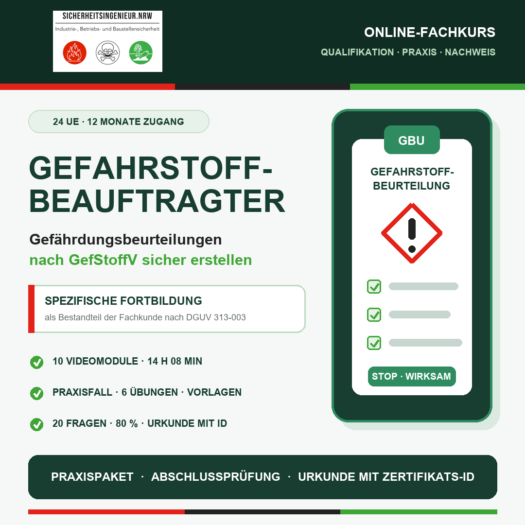Kurscover Gefahrstoffbeauftragter: Gefährdungsbeurteilungen nach GefStoffV, 24 UE, Praxisfall, Prüfung und Urkunde.