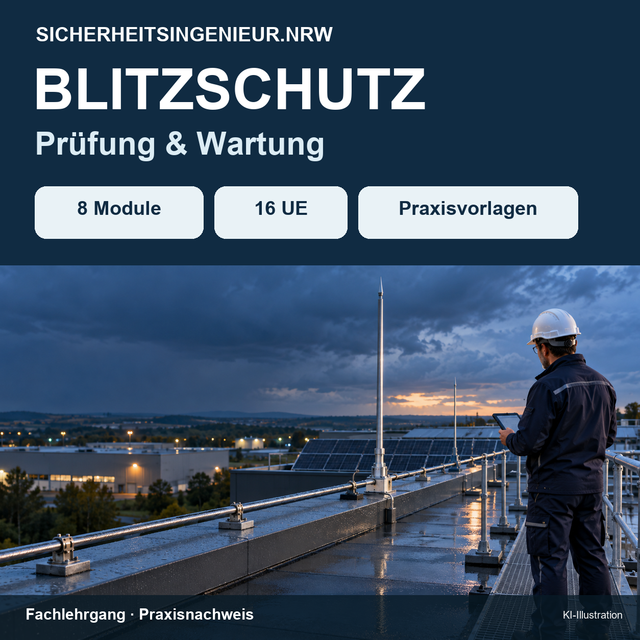 Fachlehrgang Prüfung und Wartung von Blitzschutzanlagen mit Dachbegehung und Blitzschutzsystem – KI-Illustration