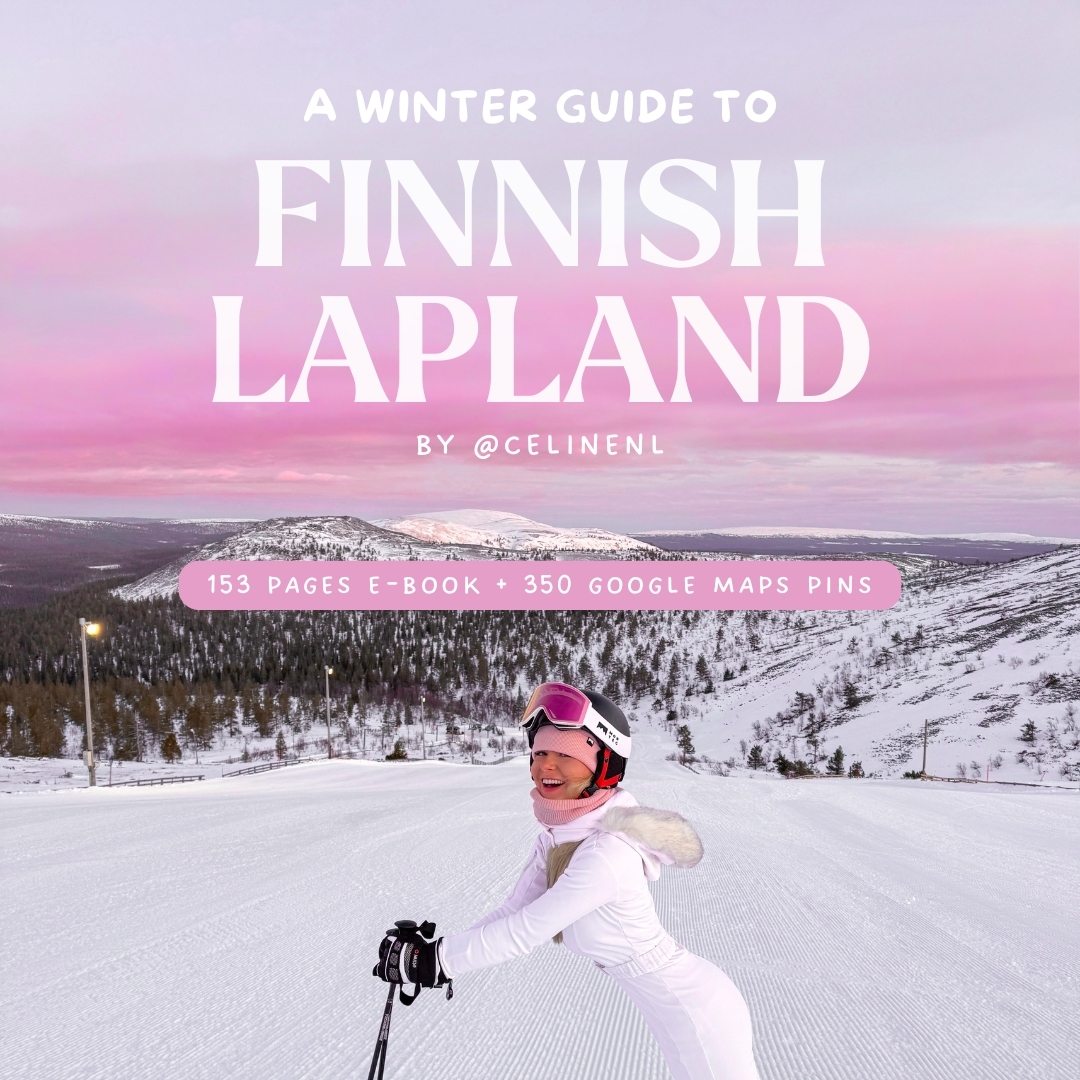 Cover: A Winter Guide to Finnish Lapland by @celinenl, skier on a snowy slope under a pink winter sky