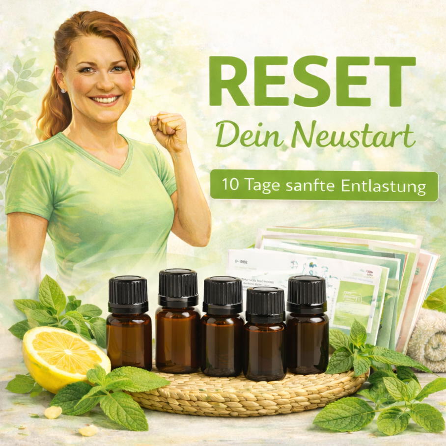 Produktcover „RESET – Dein Neustart“, 10 Tage sanfte Entlastung mit ätherischen Ölen, Detox-Programm mit Ölproben und Begleit
