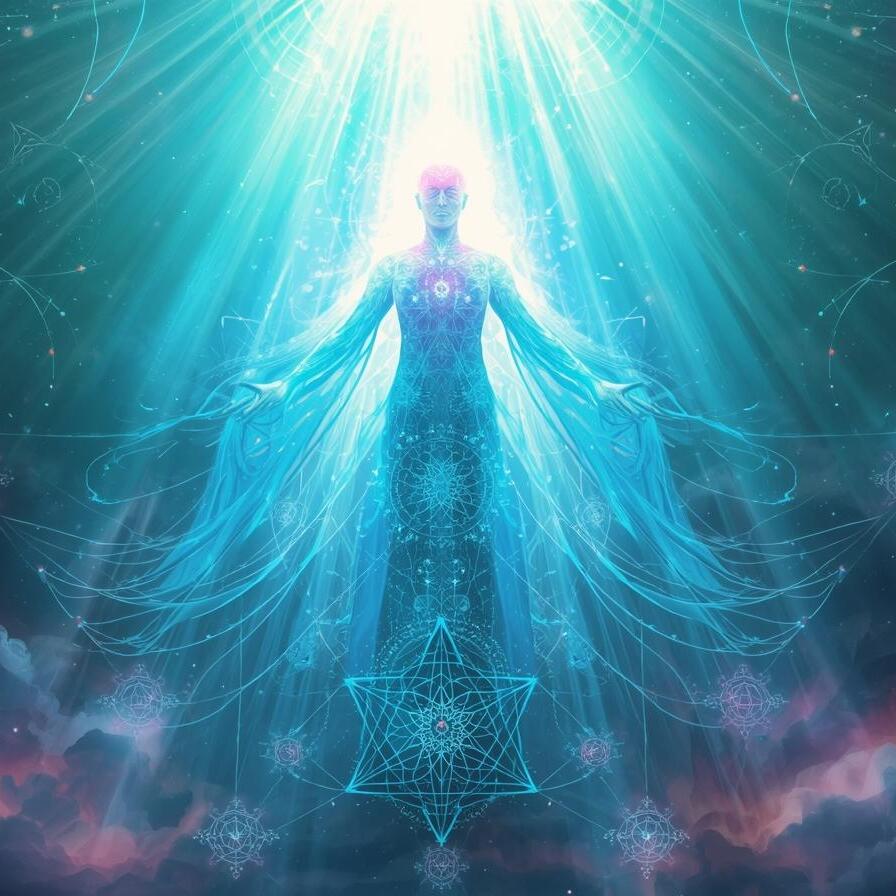 channeling activation - ein magisches, mystisches, leuchtendes bild einer lichtgestalt, die einen lichtstrahl von oben empfängt und energien kanalisiert. farbstil_ türkis, hellblau, pink_violette akzente. heilige g-896x896.jpg