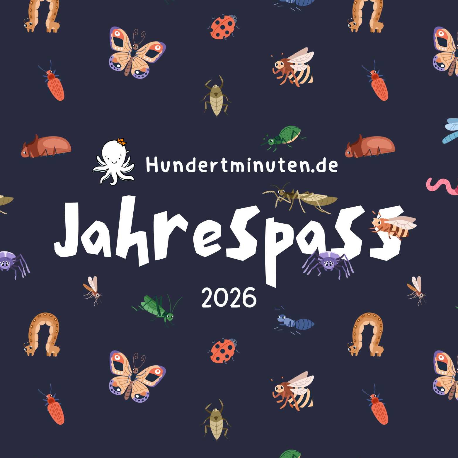 Cover für den Hundertminuten Jahrespass 2026 mit Insekten darauf.