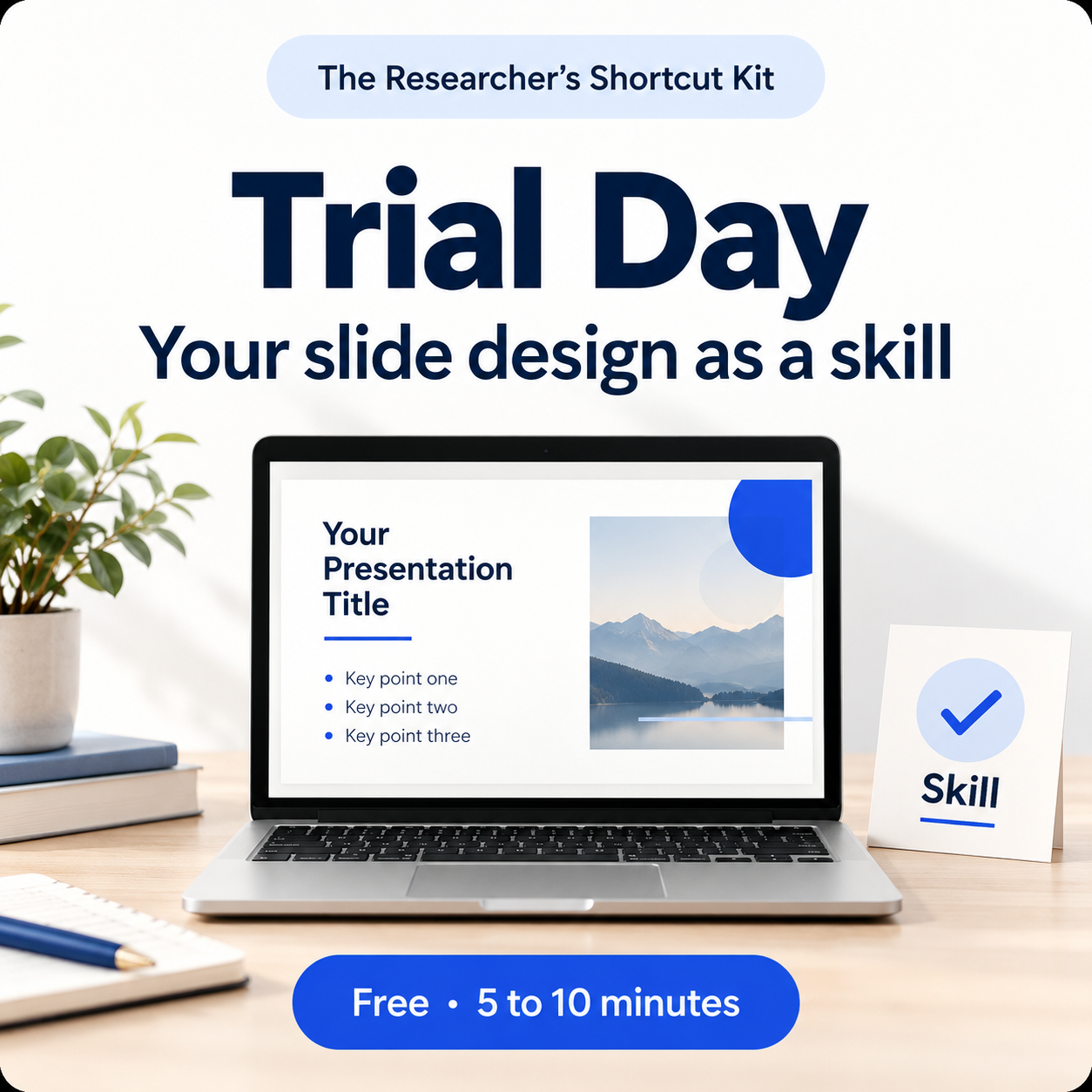 Bild mit Laptop. Anzeige Researcher's Shortcut Kit Trial Day
