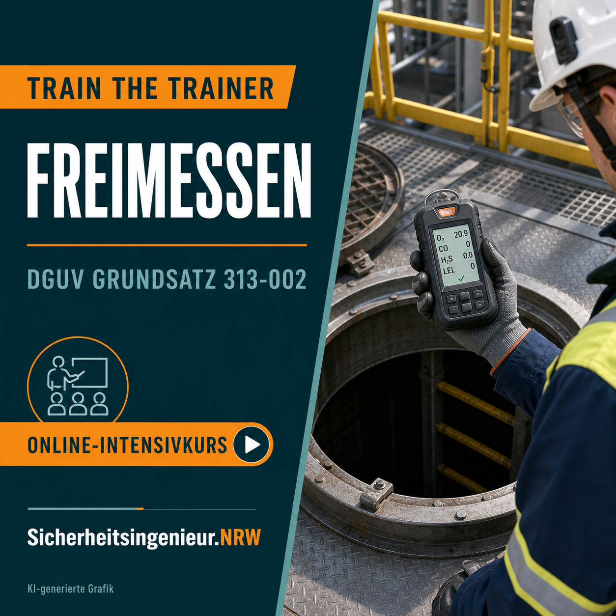 Kurscover: Train the Trainer Freimessen nach DGUV Grundsatz 313-002 – KI-generierte Grafik
