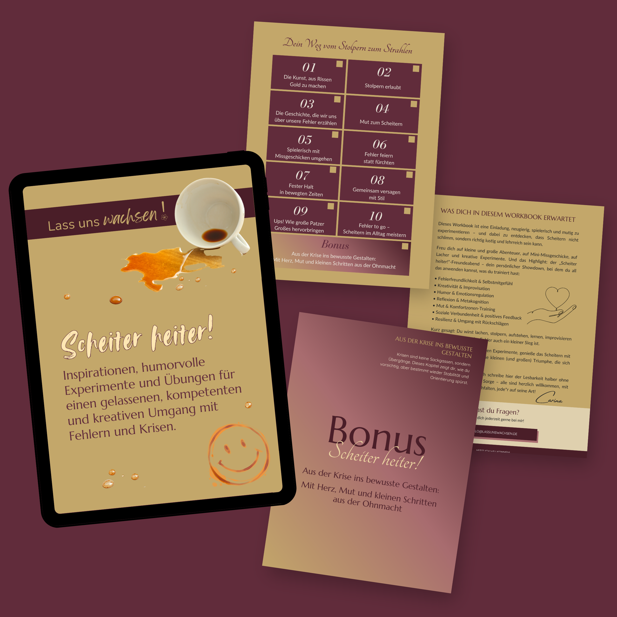 Vorschau des Selbstcoaching-Workbooks SCHEITER HEITER mit Cover und drei Beispielseiten.