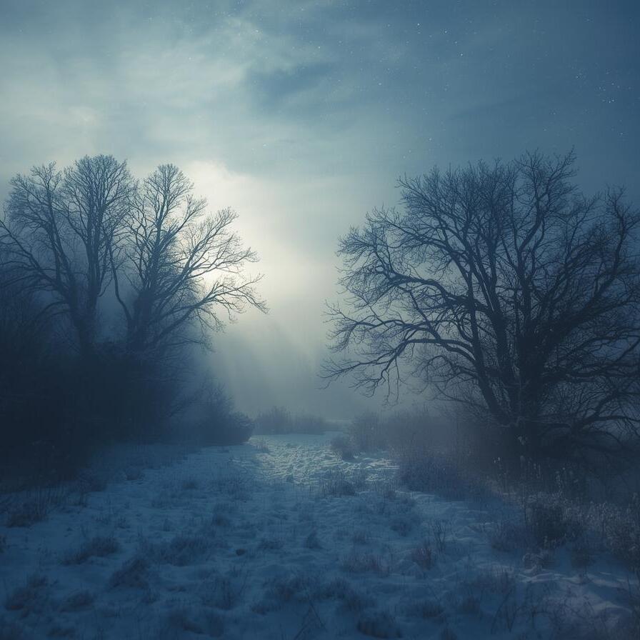 Erstelle mir ein stimmungsvolles Bild, es soll winterlich, geheimnisvoll und mystisch sein, am besten zur Abenddämmerung oder nachts.-896x896.jpg