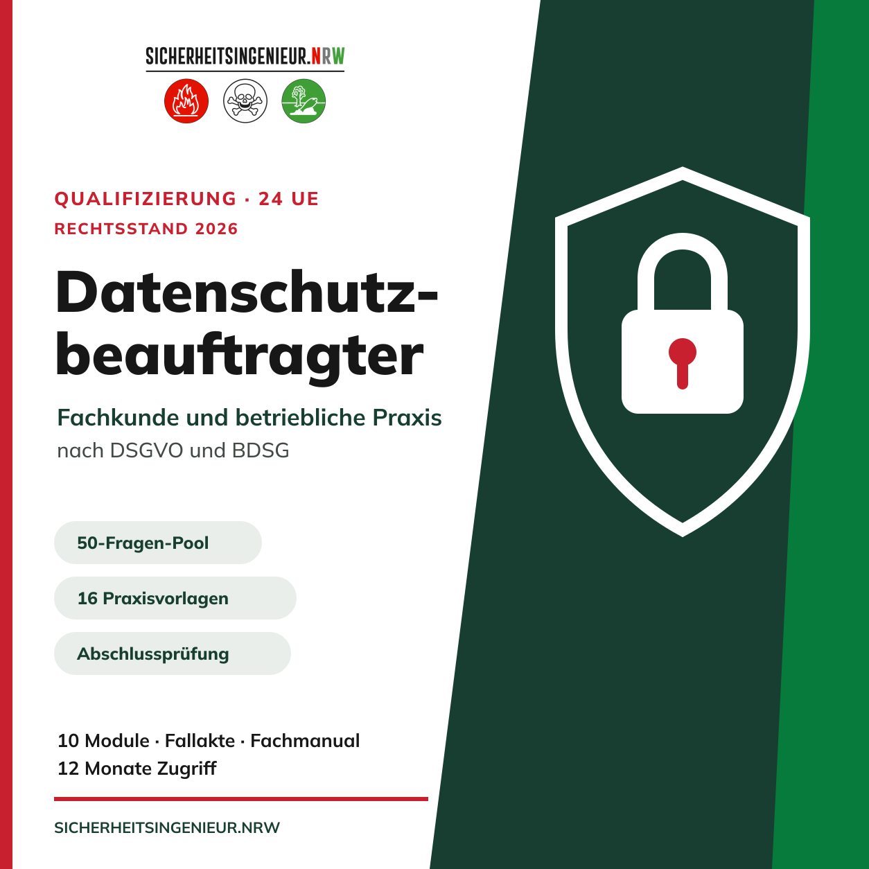 Datenschutzbeauftragter – Fachkunde und betriebliche Praxis nach DSGVO und BDSG, 24 UE, Sicherheitsingenieur.NRW