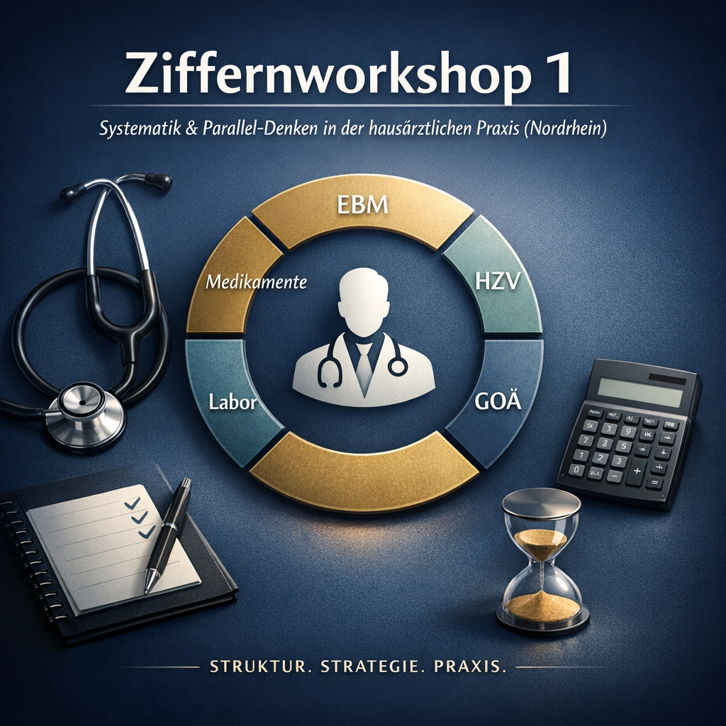 Cover zum Online-Seminar „Ziffernworkshop 1“ mit Diagramm zu EBM, HZV, GOÄ, Labor und Medikamenten.