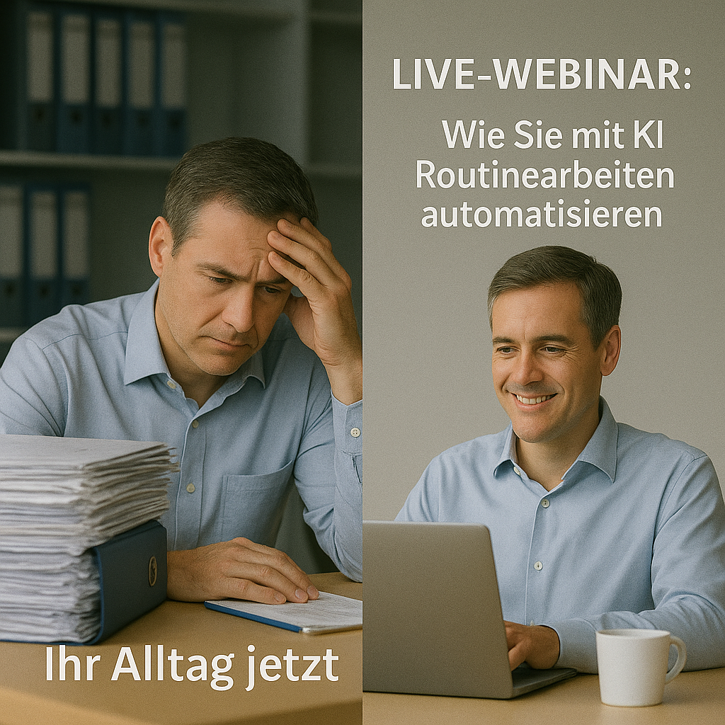 Links ein Sachverständiger gestresst mit Akten, rechts entspannt mit Laptop und KI-Nutzung.