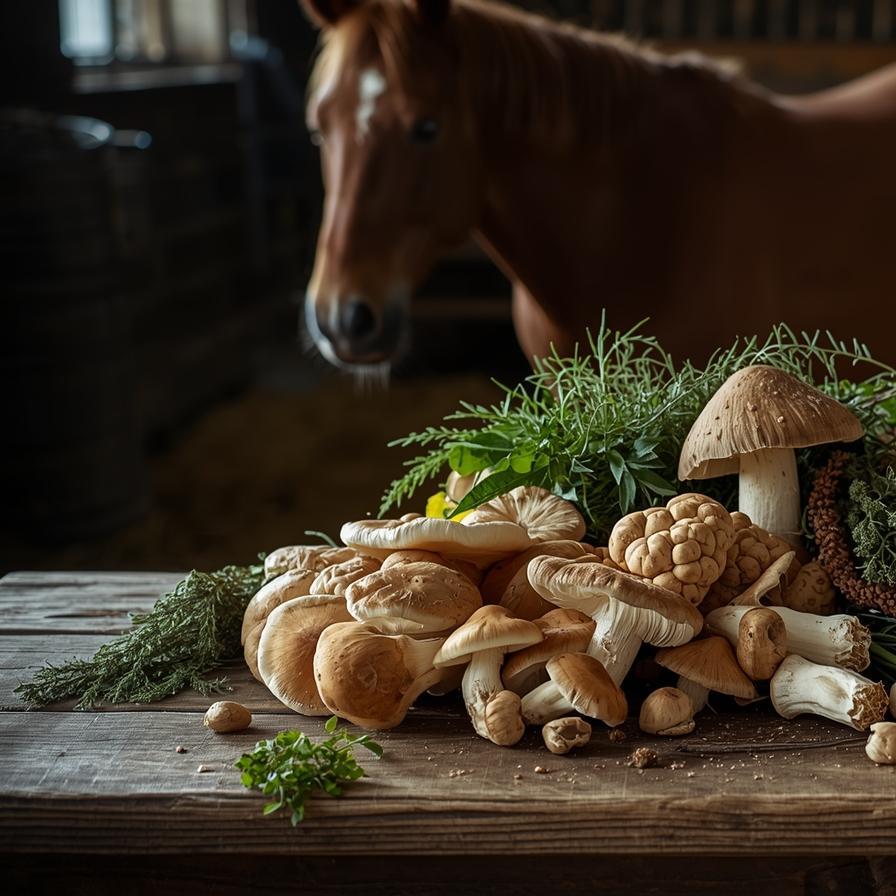 Vitalpilze, Pferd in der Scheune, auf einem Tisch schön angedeckt kräuter und pilze (1)-896x896.jpg