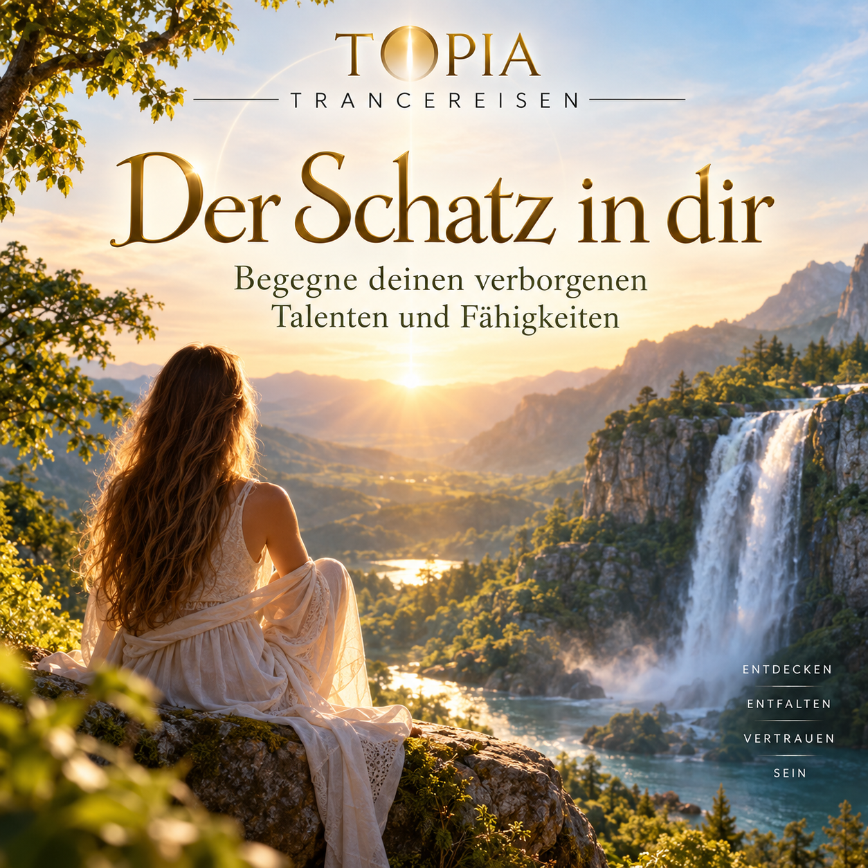 Cover der TOPIA Trancereise „Der Schatz in dir“ – eine Frau blickt in eine lichtvolle Landschaft mit Wasserfall und goldenem 