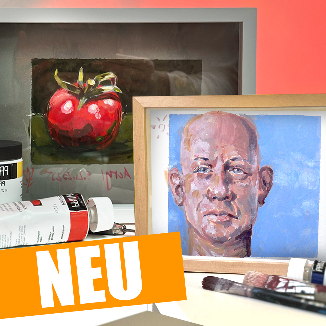 Tomate und Portrait eines Mannes mit Glatze eingerahmt - davor ein orangener Störer auf dem "Neu" steht