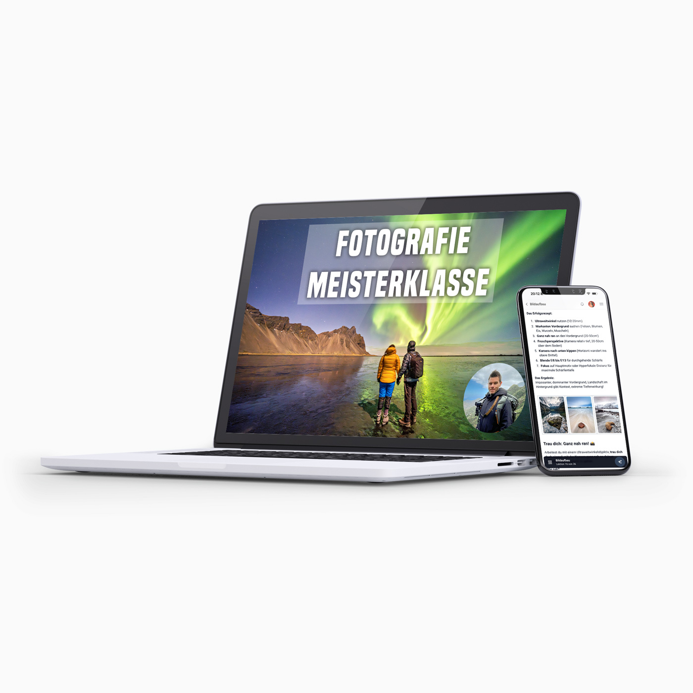 Der Kurs "Fotografie Meisterklasse" auf Laptop und Smartphone