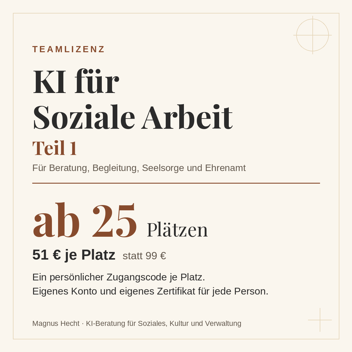 Cover Teamlizenz KI für Soziale Arbeit – Teil 1.Ab 25 Plätzen, 51 € je Platz. 1 Code je Platz, 1 Konto, 1 Zertifikat