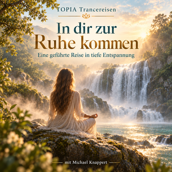 Cover der TOPIA Trancereise „In dir zur Ruhe kommen“ – eine meditierende Frau sitzt auf einem Stein vor einem Wasserfall in e
