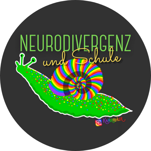 Bunte Schnecke (selbstgezeichnet) vor schwarzem Hintergrund, darüber stehen die Worte: Neurodivergenz und Schule