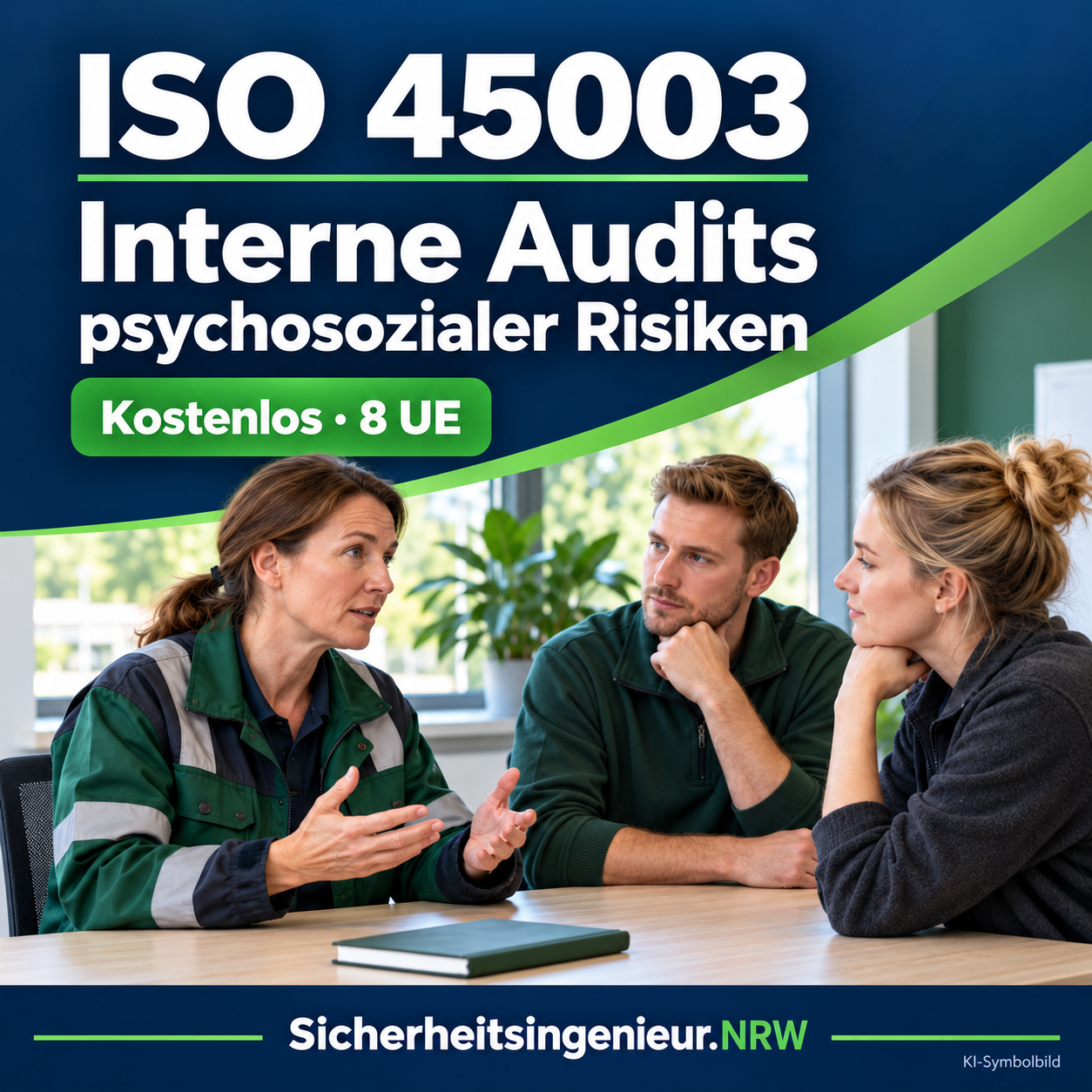 ISO 45003: Interne Audits psychosozialer Risiken. Kostenloser Aufbaukurs mit 8 UE. KI-Symbolbild eines Auditgesprächs.