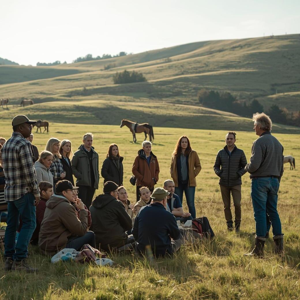 Make me a photo-realistic picture of people listening to a teacher - they are outside in the fields and you can see horses in the background-1040x1040.jpg