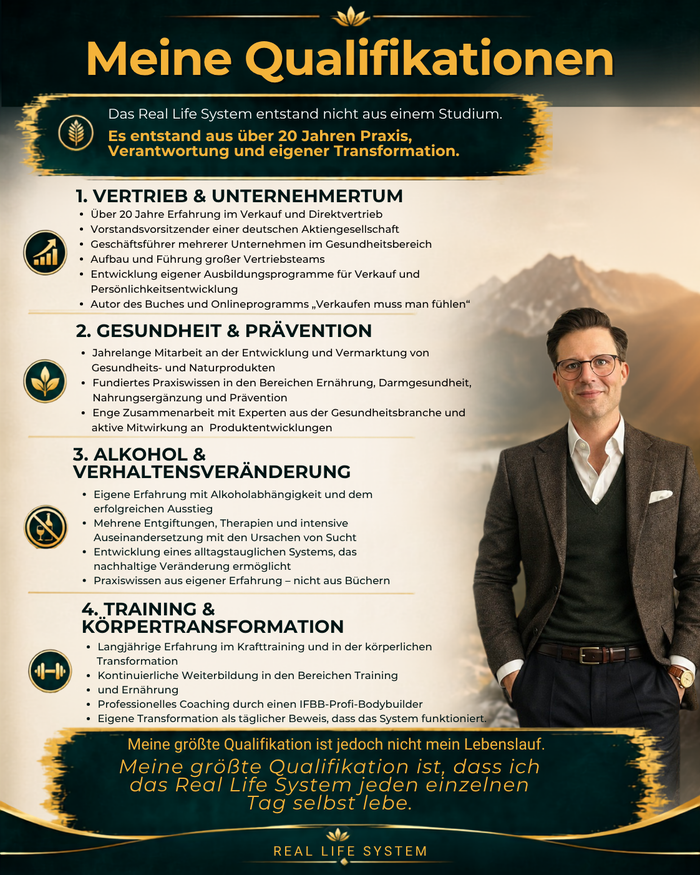 Daniels Qualifikationen: Vertrieb&Unterhnehmen, Gesundheit, Alkohol, Veränderung, Training und Transformation