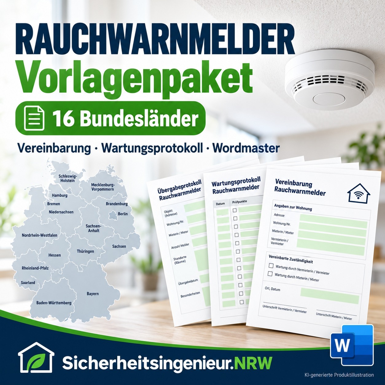 Rauchwarnmelder-Vorlagenpaket für alle 16 Bundesländer; KI-generierte Produktillustration.