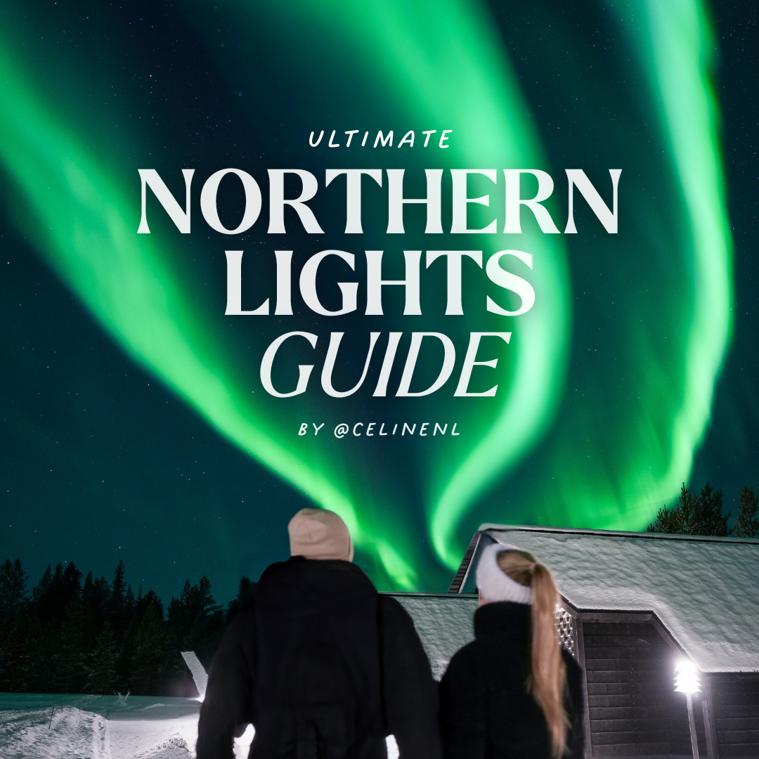 Cover des „Ultimate Northern Lights Guide“ mit Nordlichtern am Himmel.
