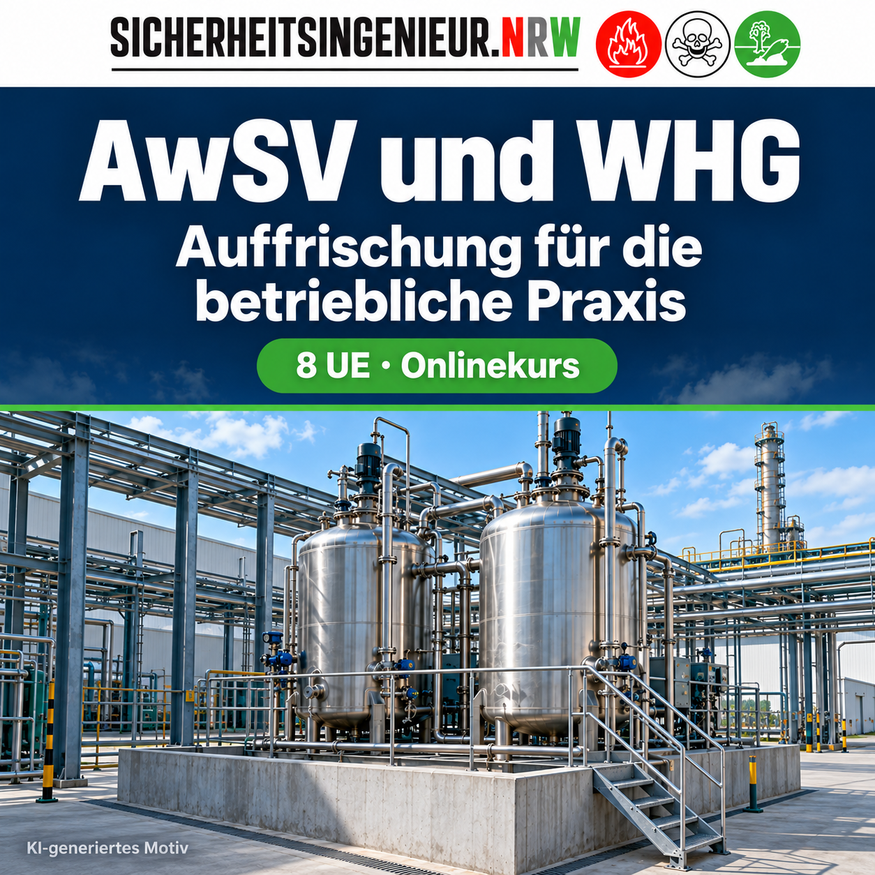 AwSV und WHG – Auffrischung für die betriebliche Praxis. Firmenlogo und Tanks mit Rückhaltung, 8 UE. KI-generiertes Motiv.