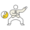 Graphische Illustration einer Person in Qi Gong Position in breitem Stand. Daneben ein Yin-Yang-Symbol