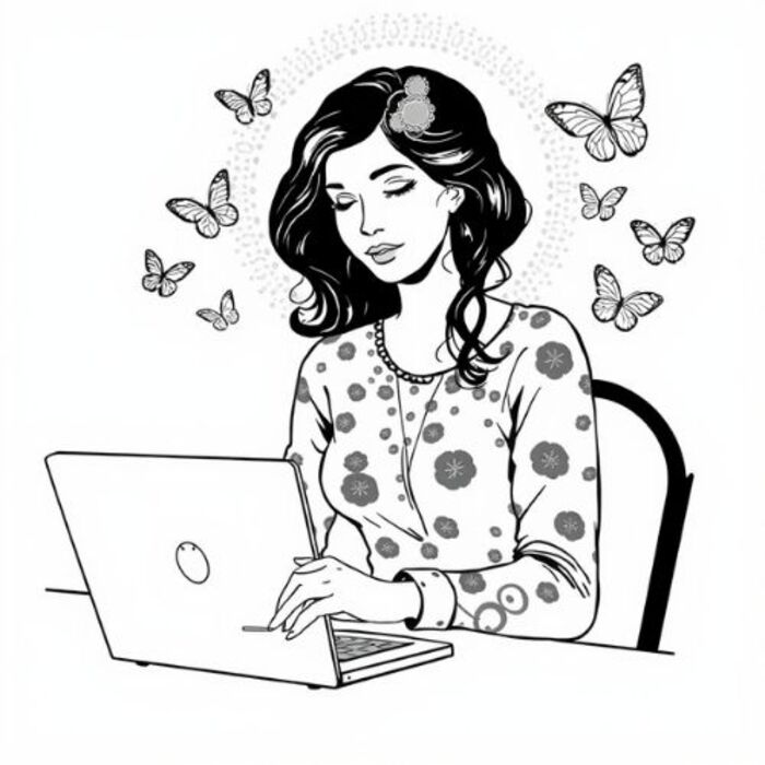 Einfühlsames E-Mail-Coaching für Frauen in Beziehungskrisen – dargestellt durch eine schreibende Frau mit Schmetterlingen