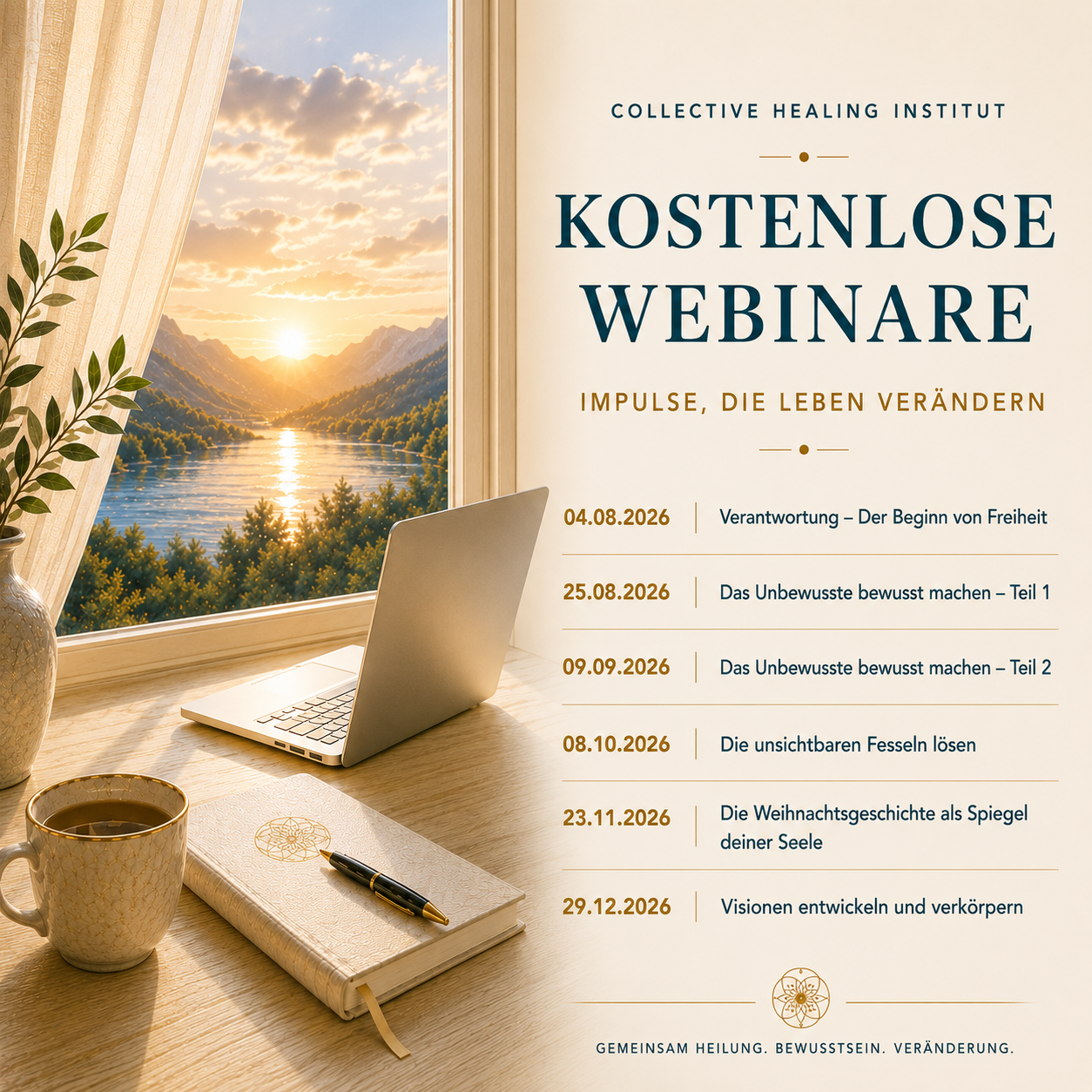 Webinartermine 2026 mit Laptop, Tagebuch und Kaffeetasse vor Fenster mit Blick auf See im Wald mit Sonnenuntergang