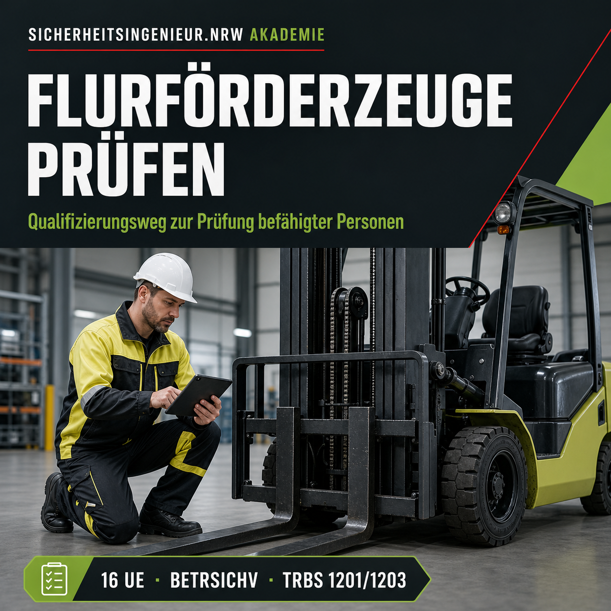 Flurförderzeuge prüfen – 16-UE-Qualifizierungsweg zur Prüfung befähigter Personen