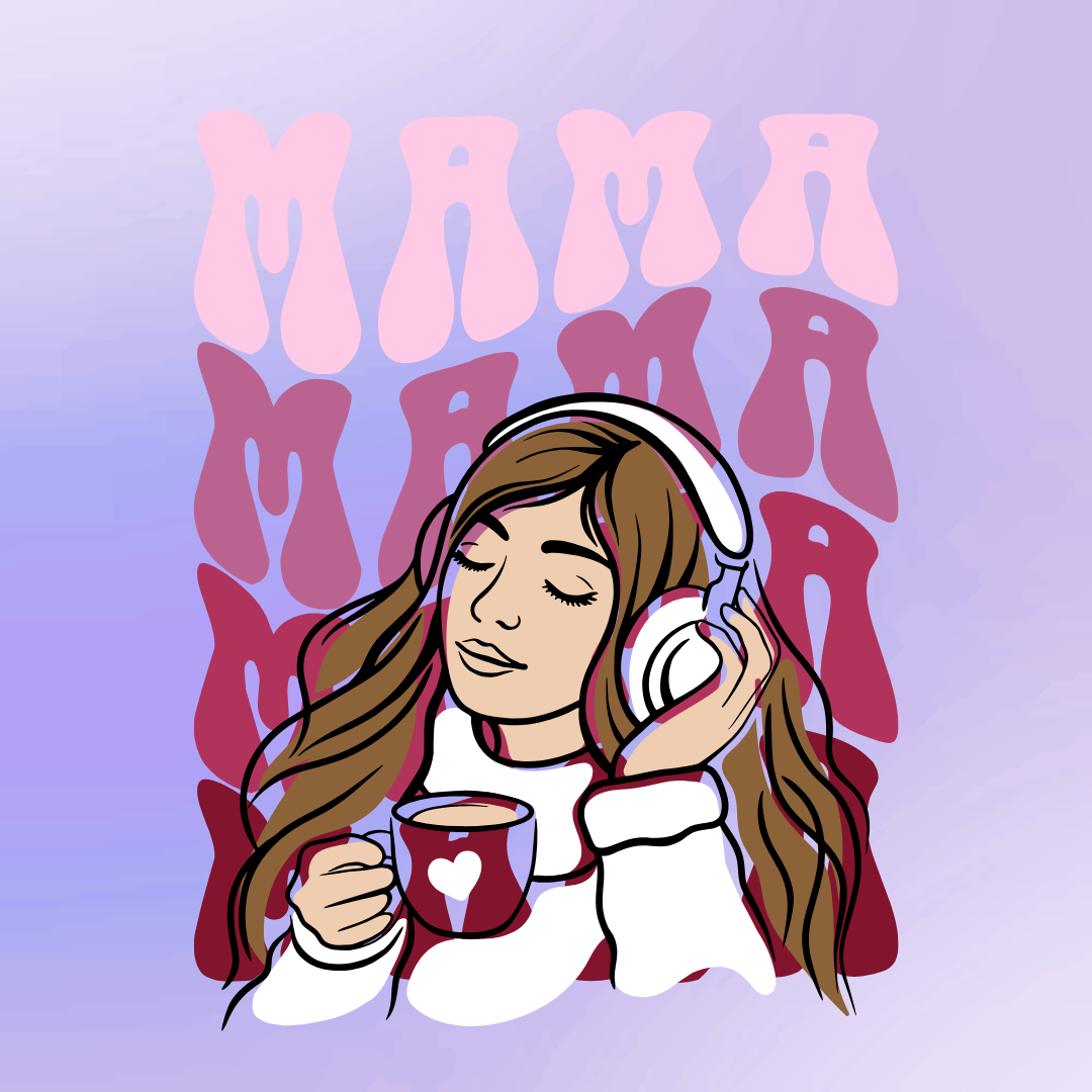Kurscover Mama Selfcare Online-Kurs; Frau mit Kopfhörern und "Mama, Mama, Mama" als Schriftzug im Hintergrund