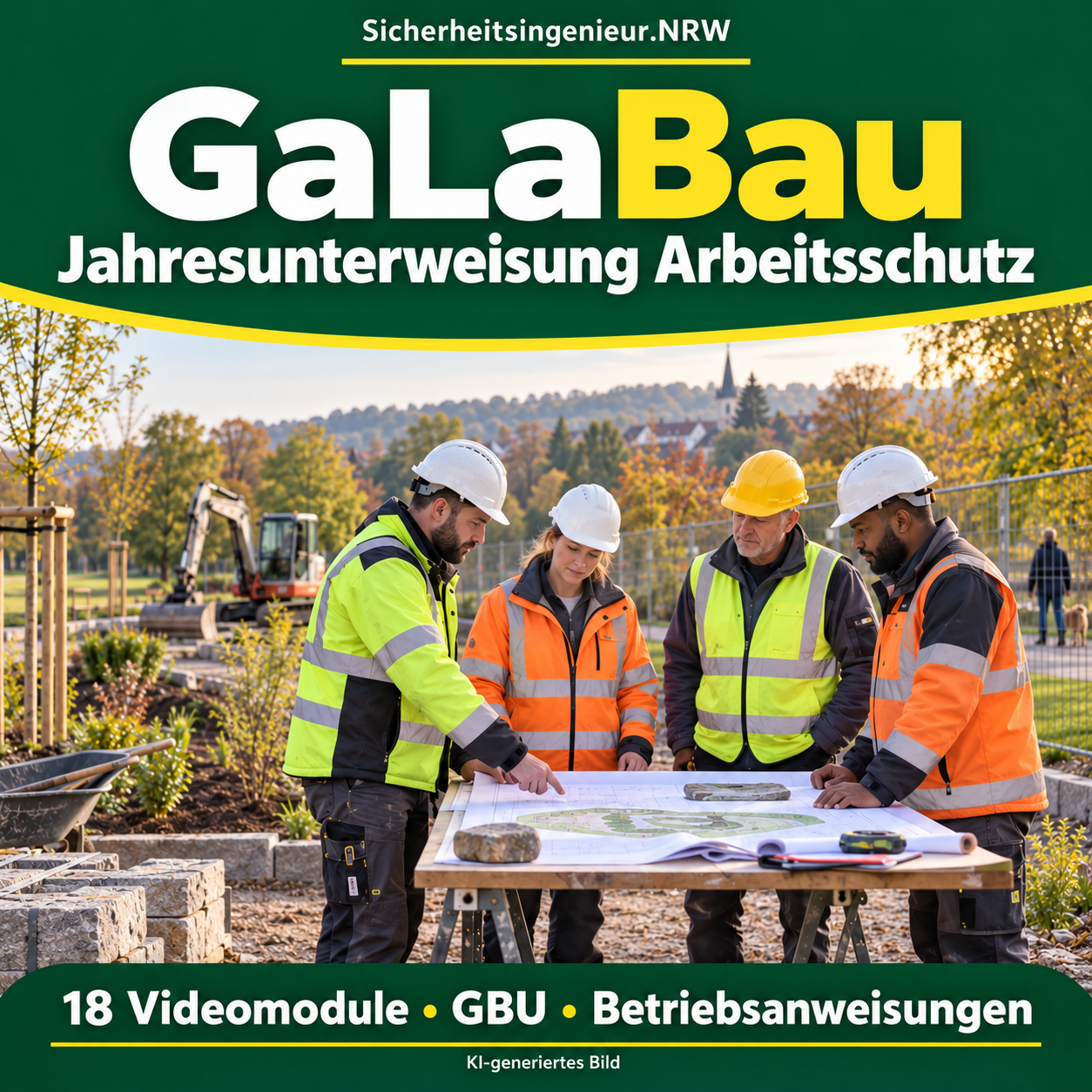 GaLaBau Jahresunterweisung mit 18 Videomodulen, GBU und Betriebsanweisungen. Sicherheitsingenieur.NRW. KI-generiertes Motiv.